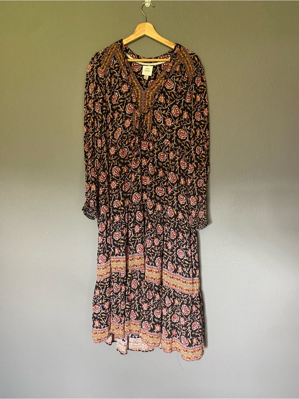Knox Rose Floral Boho Tiered Maxi Dress Size XL Black Pink Long Sleeve - Picture 2 of 9